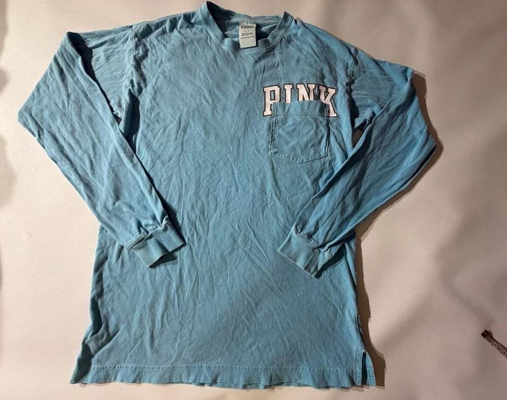 PINK Victoria's Secret S Blue Long Sleeve Pocket Tee Logo Oversized Y2K Cozy